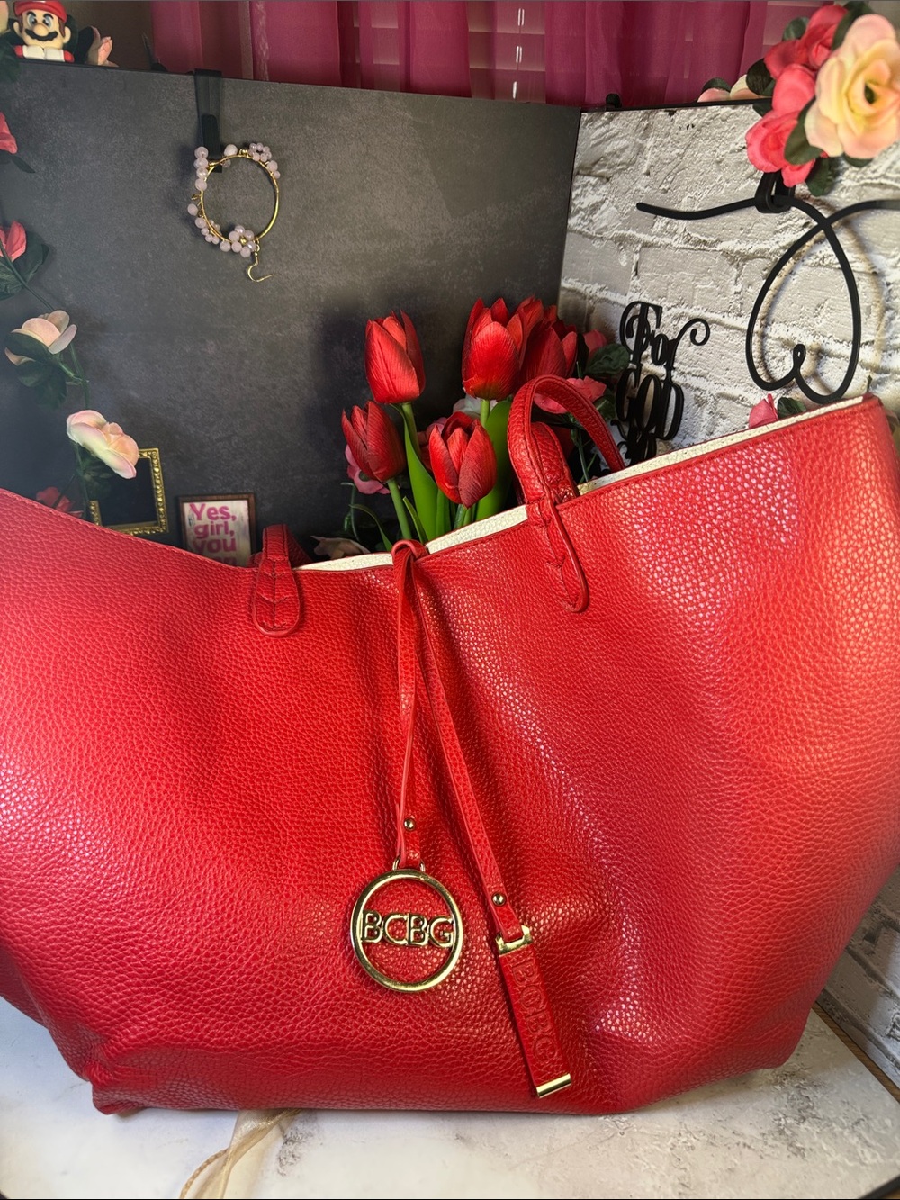 BCBG Red Pebbled Leather Tote with Gold Charm
